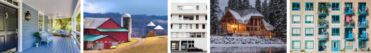 collage of building types (homes, businesses, apartments, farms)